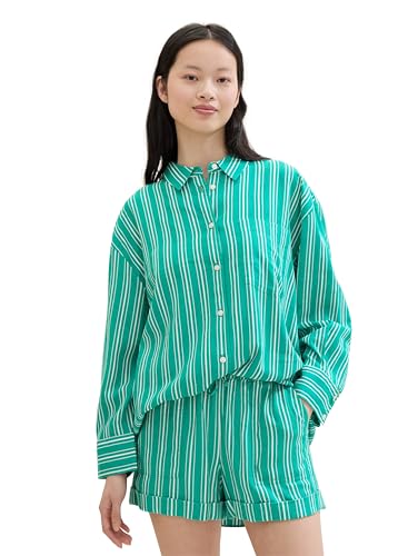 TOM TAILOR Denim Damen Basic Oversized Leinen-Shirt, green white vertical stripe, L von TOM TAILOR Denim