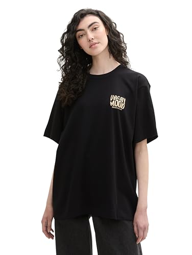 TOM TAILOR Denim Damen Basic Oversized T-Shirt mit Kleinem Print,14482 - deep Black, L von TOM TAILOR Denim