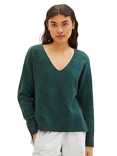 TOM TAILOR Denim Damen 1038392 Basic Pullover mit V-Ausschnitt, 10592-midnight Forest Green Mélange, M von TOM TAILOR Denim