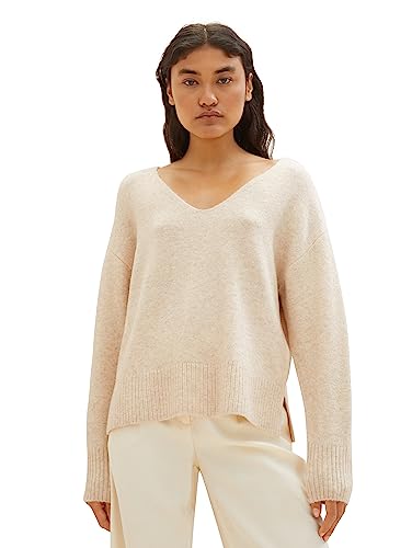 TOM TAILOR Denim Damen 1038392 Basic Pullover mit V-Ausschnitt, 33803-dusty Sand Beige Melange, XL von TOM TAILOR Denim