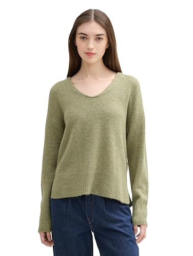 TOM TAILOR Denim Damen Cosy Strickpullover mit V-Ausschnitt, 35920 - Greyish Green Melange, M von TOM TAILOR Denim