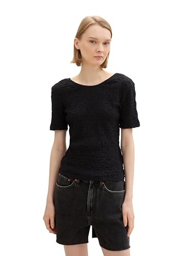 TOM TAILOR Denim Damen Basic T-Shirt mit Crincle Struktur, deep black, XXL von TOM TAILOR Denim