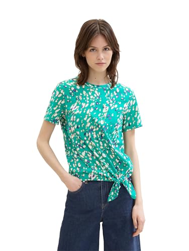 TOM TAILOR Denim Damen Basic T-Shirt mit Knotendetail, abstract green dot print, S von TOM TAILOR Denim