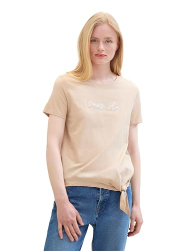 TOM TAILOR Denim Damen Basic T-Shirt mit Knotendetail, bisque, L von TOM TAILOR Denim