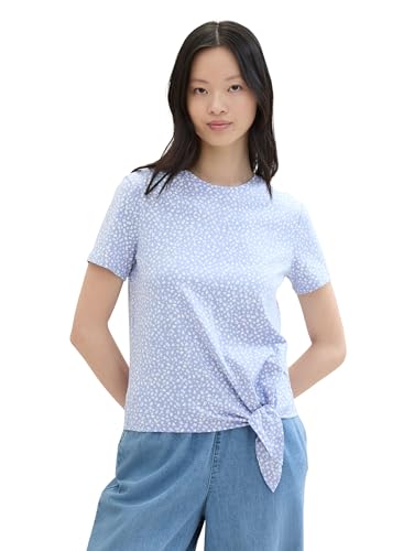 TOM TAILOR Denim Damen Basic T-Shirt mit Knotendetail, mid blue minimal print, XS von TOM TAILOR Denim