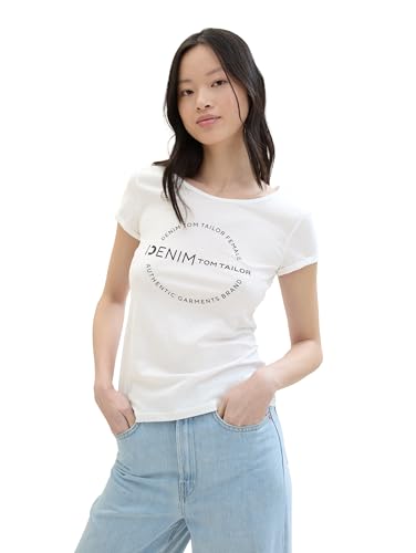 TOM TAILOR Denim Damen Basic T-Shirt mit Logo-Print, White, XXL von TOM TAILOR Denim