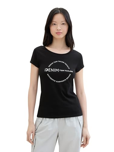 TOM TAILOR Denim Damen Basic T-Shirt mit Logo-Print, deep black, L von TOM TAILOR Denim