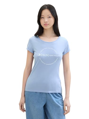 TOM TAILOR Denim Damen Basic T-Shirt mit Logo-Print, dusty cornflower, M von TOM TAILOR Denim
