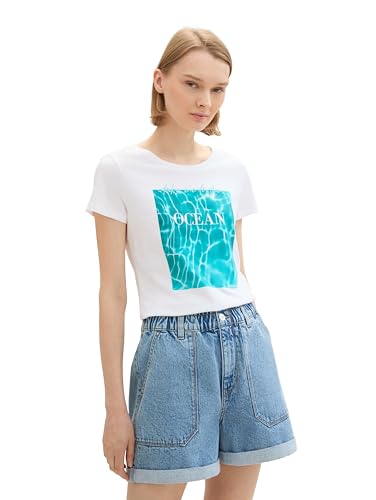 TOM TAILOR Denim Damen Basic T-Shirt mit Print, White, M von TOM TAILOR Denim