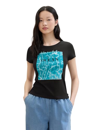 TOM TAILOR Denim Damen Basic T-Shirt mit Print, deep black, S von TOM TAILOR Denim