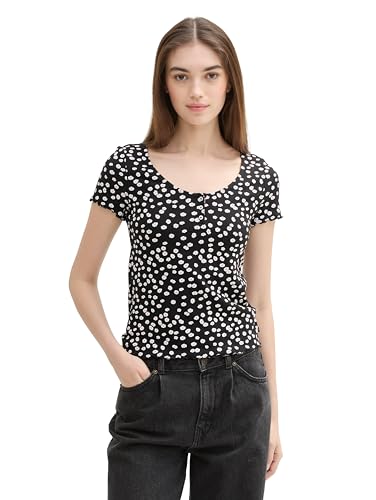 TOM TAILOR Denim Damen Basic T-Shirt mit Ripp, black flower minimal print, XXL von TOM TAILOR Denim