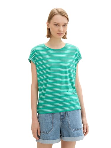 TOM TAILOR Denim Damen Basic T-Shirt mit Streifen, green white stripe, M von TOM TAILOR Denim