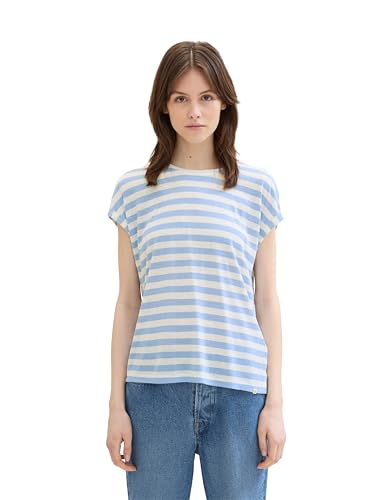 TOM TAILOR Denim Damen Basic T-Shirt mit Streifen, mid blue white stripe, XXL von TOM TAILOR Denim