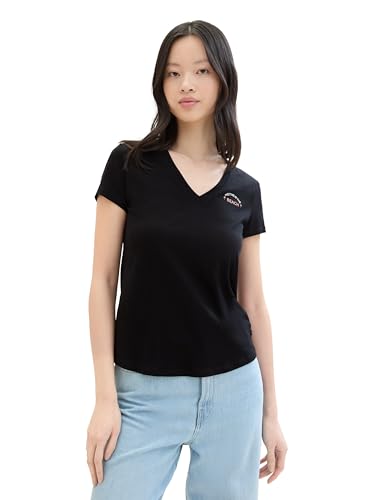TOM TAILOR Denim Damen Basic T-Shirt mit V-Ausschnitt, deep black, M von TOM TAILOR Denim