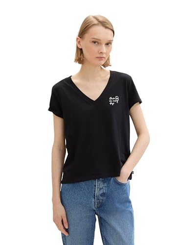 TOM TAILOR Denim Damen Basic T-Shirt mit V-Ausschnitt, deep black, S von TOM TAILOR Denim
