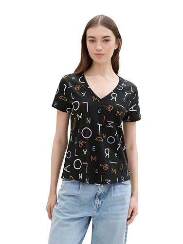 TOM TAILOR Denim Damen Basic T-Shirt mit V-Ausschnitt,30891 - Black Letter Print, M von TOM TAILOR Denim