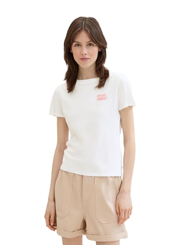 TOM TAILOR Denim Damen Basic T-Shirt mit kleinem Print, White, XS von TOM TAILOR Denim
