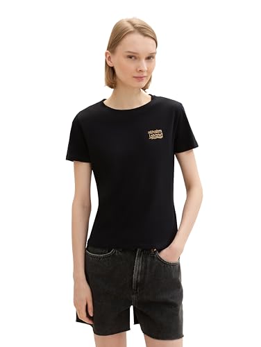 TOM TAILOR Denim Damen Basic T-Shirt mit kleinem Print, deep black, XL von TOM TAILOR Denim