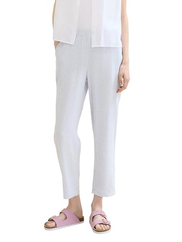 TOM TAILOR Denim Damen Basic Tapered Hose mit Leinen, light blue white small stripe, L von TOM TAILOR Denim