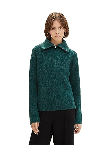 TOM TAILOR Denim Damen Basic Troyer Pullover , Midnight Forest Green Mélange, M von TOM TAILOR Denim