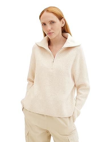 TOM TAILOR Denim Damen Basic Troyer Pullover , creme beige melange, L von TOM TAILOR Denim