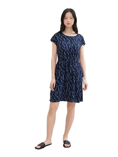 TOM TAILOR Denim Damen Basic Viskose Kleid mit Taschen, navy blue heart print, XL von TOM TAILOR Denim