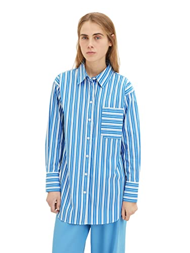 TOM TAILOR Denim Damen Basic Poplin Hemdbluse, vertical blue white stripe, L von TOM TAILOR Denim