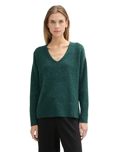 TOM TAILOR Denim Damen Cosy Strickpullover mit V-Ausschnitt, 10592 - Midnight Forest Green Mélange, XL von TOM TAILOR Denim