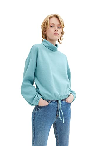 TOM TAILOR Denim Damen Cropped Sweatshirt mit Kordelzug 1034294, 30564 - Reef Blue Melange, S von TOM TAILOR Denim