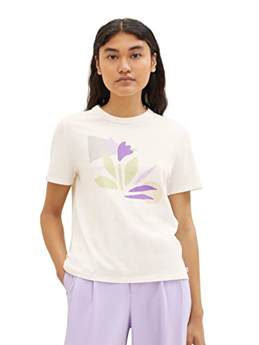 TOM TAILOR Denim Damen 1039871 T-Shirt mit Print, 10348-Gardenia White, XS von TOM TAILOR Denim