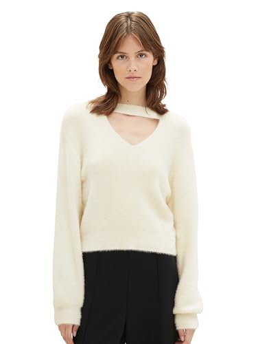 TOM TAILOR Denim Damen Feder-Garn Pullover mit Cut-Out , soft neutral beige, XS von TOM TAILOR Denim