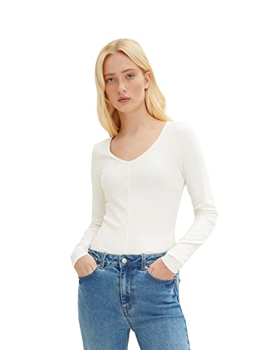 TOM TAILOR Denim Damen Langarmshirt mit Knopfleiste 1034834, 10348 - Gardenia White, L von TOM TAILOR Denim