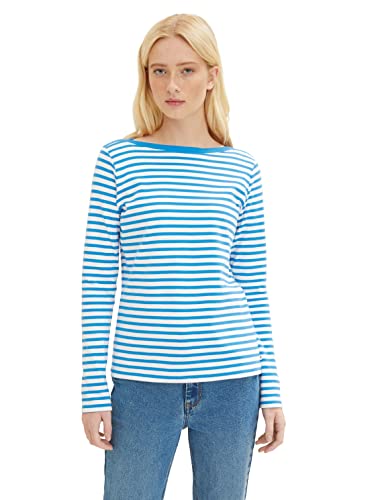 Tom Tailor Denim Damen Longsleeve mit Streifen aus Bio-Baumwolle, 31387 - White Mid Blue Stripe, XS von TOM TAILOR Denim