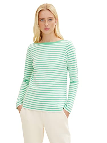 Tom Tailor Denim Damen Longsleeve mit Streifen aus Bio-Baumwolle, 31388 - White Green Stripe, XS von TOM TAILOR Denim