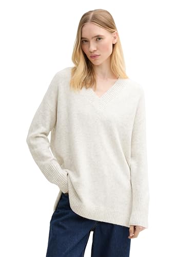TOM TAILOR Denim Damen Longstyle Strickpullover mit V-Ausschnitt, 10396 - Marble Beige Melange, L von TOM TAILOR Denim