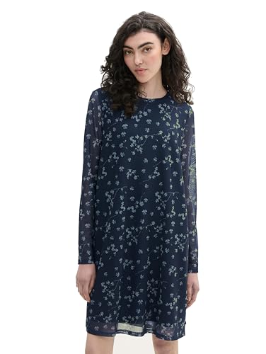 TOM TAILOR Denim Damen Mesh Mini-Kleid mit Muster,35915 - Navy Green Clover Leaf Print, XL von TOM TAILOR Denim