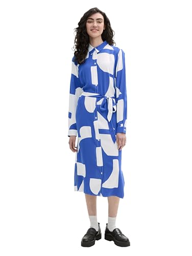 TOM TAILOR Denim Damen Midi-Hemd-Kleid mit Alloverprint,35913 - Blue White Big Scale Print, L von TOM TAILOR Denim