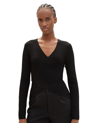 TOM TAILOR Denim Damen Pullover mit Rippstruktur & Wickel-Detail , deep black, XS von TOM TAILOR Denim