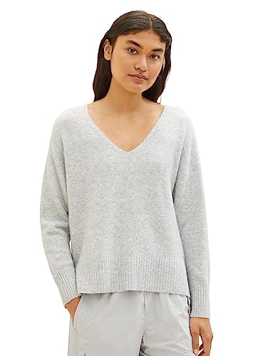 TOM TAILOR Denim Damen 1038392 Basic Pullover mit V-Ausschnitt, 32510-basic Light Grey Melange, S von TOM TAILOR Denim