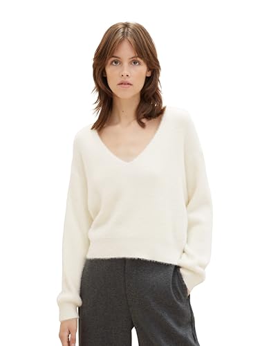 TOM TAILOR Denim Damen Relaxed Fit Federgarn Pullover mit V-Ausschitt , Gardenia White, XXL von TOM TAILOR Denim