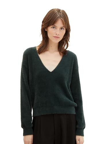 TOM TAILOR Denim Damen Relaxed Fit Federgarn Pullover mit V-Ausschitt , huntsman green, M von TOM TAILOR Denim