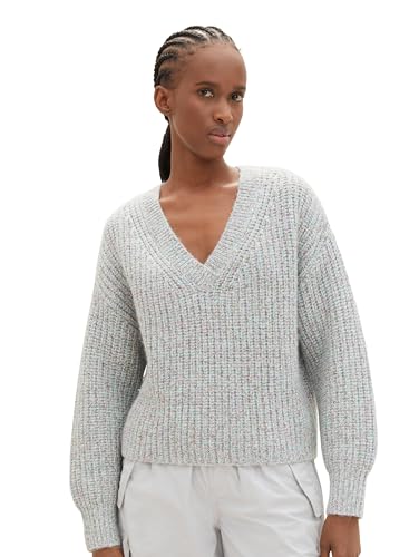 TOM TAILOR Denim Damen Relaxed Fit Strickpullover mit V-Ausschnitt & Melange-Optik , beige colorful mouline, S von TOM TAILOR Denim