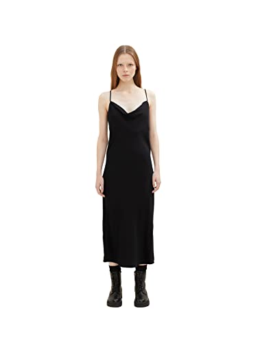 TOM TAILOR Denim Damen Satin Midi Trägerkleid mit Wasserfall-Ausschnitt 1034287, 14482 - Deep Black, S von TOM TAILOR Denim