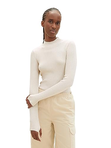 TOM TAILOR Denim Damen Slim Fit Pullover mit Rippstruktur & Stehkragen , creme beige melange, L von TOM TAILOR Denim