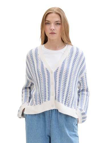 TOM TAILOR Denim Damen Sommer-Strickjacke mit lockerer Strickstruktur, mid blue white stripe, L von TOM TAILOR Denim