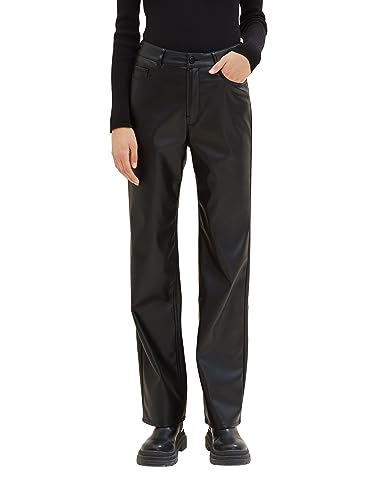 TOM TAILOR Denim Damen Straight Fit Fake-Leder Hose , deep black, L von TOM TAILOR Denim