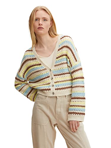 TOM TAILOR Denim Damen Strickjacke mit Struktur 1031471, 29575 - Blue Creme Brown Stripe, M von TOM TAILOR Denim