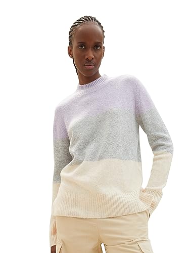 TOM TAILOR Denim Damen Strickpullover mit Colorblock-Streifen , lavender colorblock, L von TOM TAILOR Denim