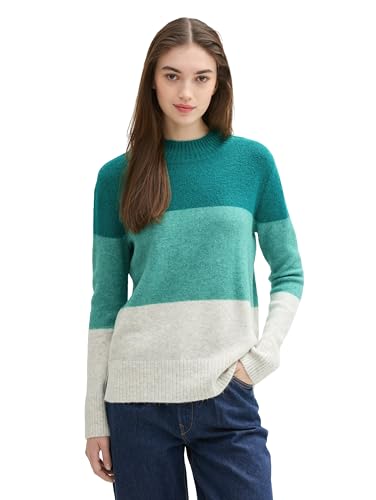 TOM TAILOR Denim Damen Strickpullover mit Streifen-Muster, 36480 - Green Beige Colorblock, XS von TOM TAILOR Denim