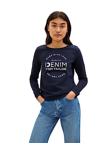 TOM TAILOR Denim Damen 1039817 Sweater mit Logo-Print & Raffarm, 10668-sky Captain Blue, XXL von TOM TAILOR Denim